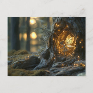 Whimsical image of a fairy in the hollow of a tree postcard