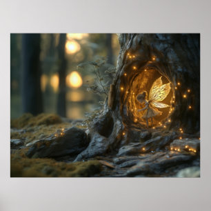 Whimsical image of a fairy in the hollow of a tree poster