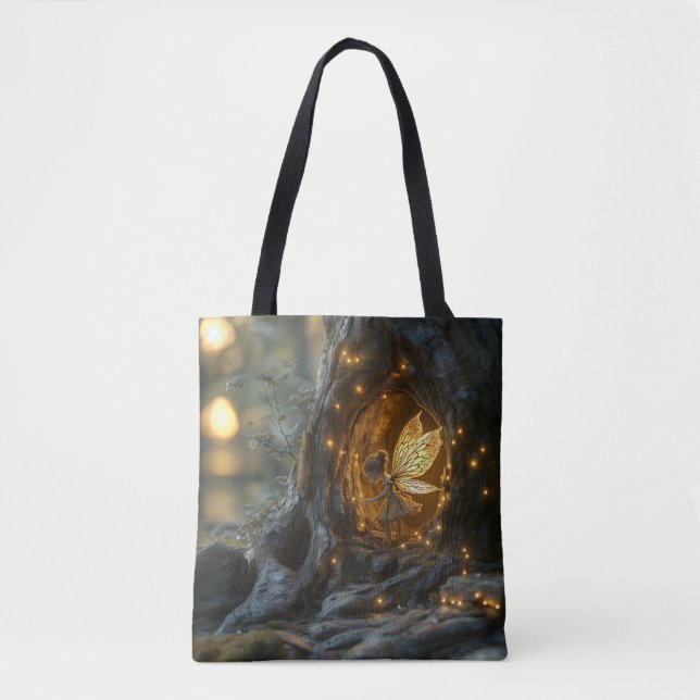 Whimsical image of a fairy in the hollow of a tree tote bag (Front)