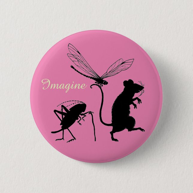 Whimsical "Imagine" Button with Animal Friends (Front)