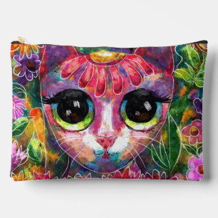Whimsical Impressionistic Big Eyed Cat in Flowers Accessory Pouch