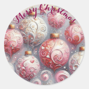 Whimsical Impressionistic Christmas Ornaments Pink Classic Round Sticker