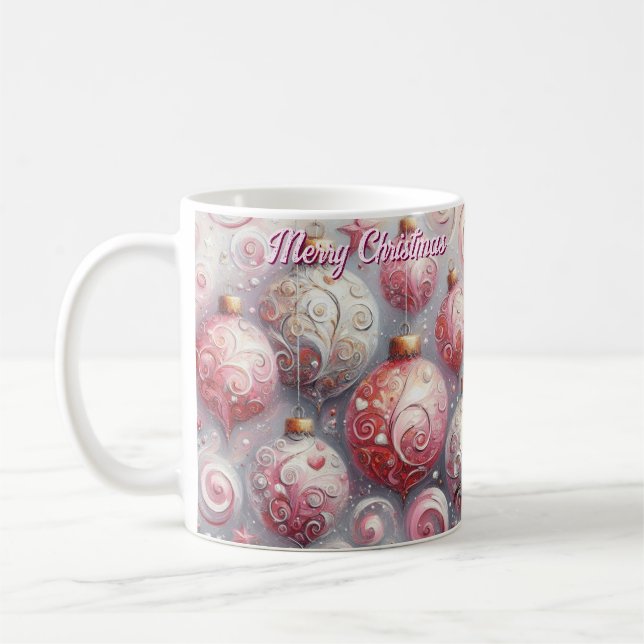 Whimsical Impressionistic Christmas Ornaments Pink Coffee Mug (Left)