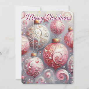 Whimsical Impressionistic Christmas Ornaments Pink Holiday Card
