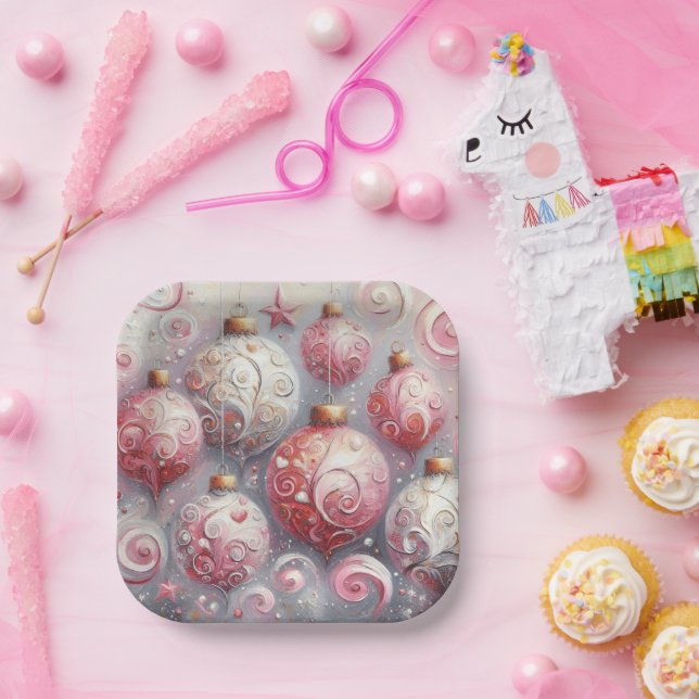 Whimsical Impressionistic Christmas Ornaments Pink Paper Plate (Party)