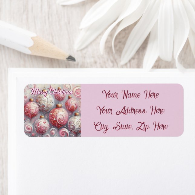 Whimsical Impressionistic Christmas Ornaments Pink Return Address Label (Insitu)