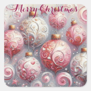 Whimsical Impressionistic Christmas Ornaments Pink Square Sticker