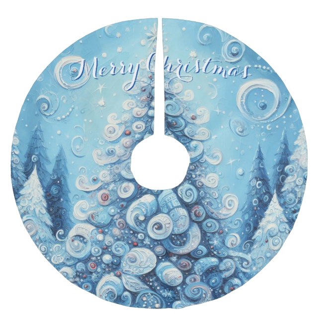 Whimsical Impressionistic Christmas Tree Blue Brushed Polyester Tree Skirt (Front)