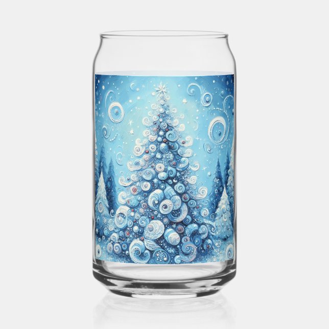 Whimsical Impressionistic Christmas Tree Blue Can Glass (Front)