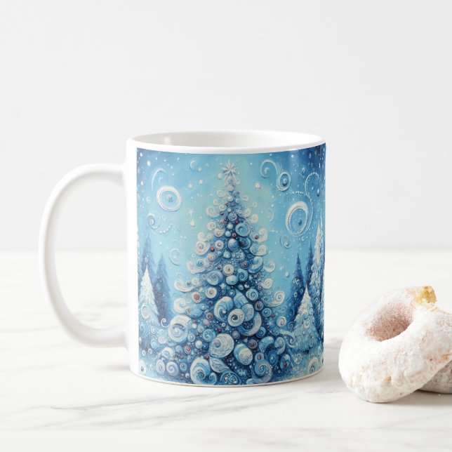 Whimsical Impressionistic Christmas Tree Blue Coffee Mug (With Donut)