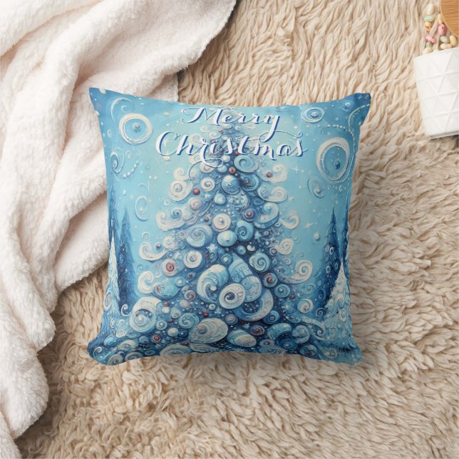 Whimsical Impressionistic Christmas Tree Blue Cushion (Blanket)