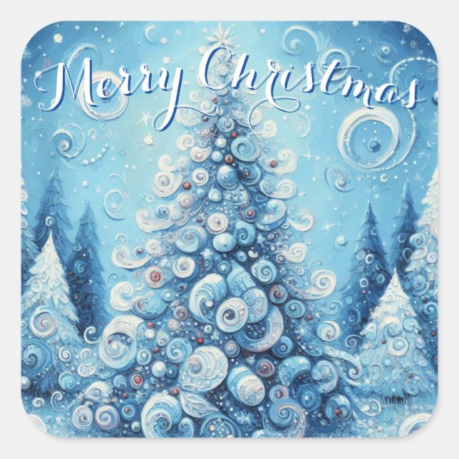 Whimsical Impressionistic Christmas Tree Blue Square Sticker (Front)