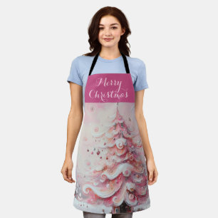 Whimsical Impressionistic Christmas Tree Pink Apron