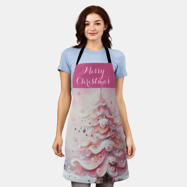 Whimsical Impressionistic Christmas Tree Pink Apron (Worn)