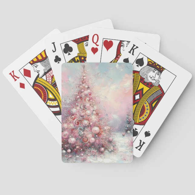 Whimsical Impressionistic Christmas Tree Pink Blue Playing Cards (Back)