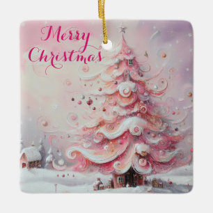 Whimsical Impressionistic Christmas Tree Pink Ceramic Ornament