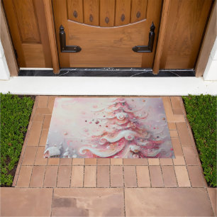 Whimsical Impressionistic Christmas Tree Pink Doormat
