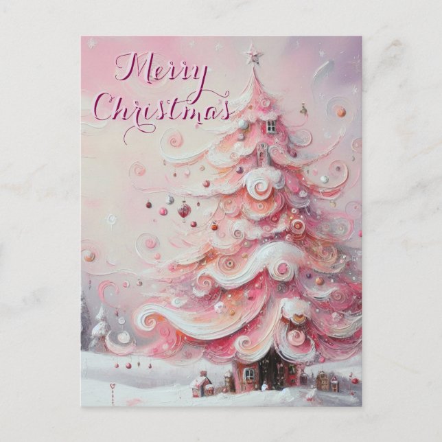 Whimsical Impressionistic Christmas Tree Pink Holiday Postcard (Front)