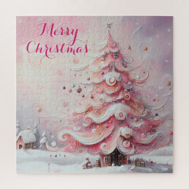 Whimsical Impressionistic Christmas Tree Pink Jigsaw Puzzle (Vertical)
