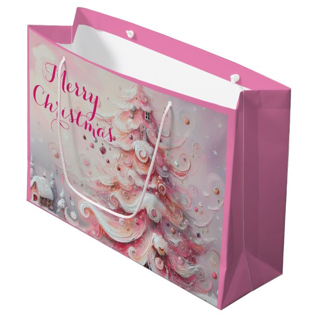 Whimsical Impressionistic Christmas Tree Pink Large Gift Bag (Front Angled)