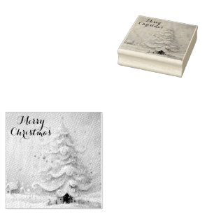 Whimsical Impressionistic Christmas Tree Pink Rubber Stamp