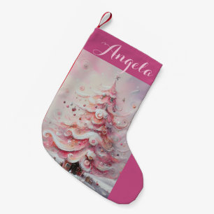 Whimsical Impressionistic Christmas Tree Pink Small Christmas Stocking