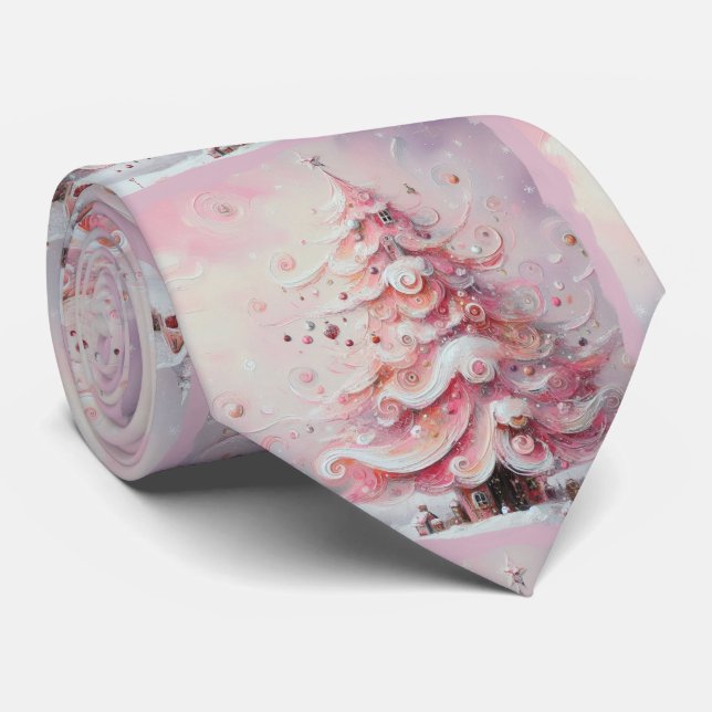 Whimsical Impressionistic Christmas Tree Pink Tie (Rolled)
