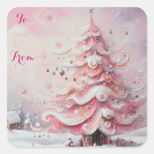 Whimsical Impressionistic Christmas Tree To From Square Sticker