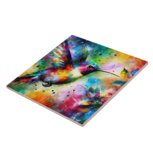 Whimsical Impressionistic Colourful Hummingbird Ceramic Tile