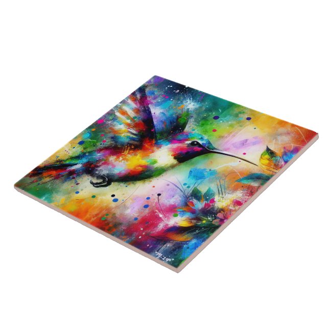 Whimsical Impressionistic Colourful Hummingbird Ceramic Tile (Side)