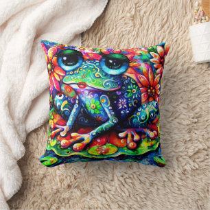 Whimsical Impressionistic Floral Frog Green Blue Cushion