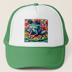 Whimsical Impressionistic Floral Frog Green Blue Trucker Hat