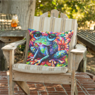 Whimsical Impressionistic Floral Frog Painting Cushion