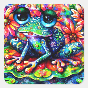 Whimsical Impressionistic Floral Frog Painting Square Sticker