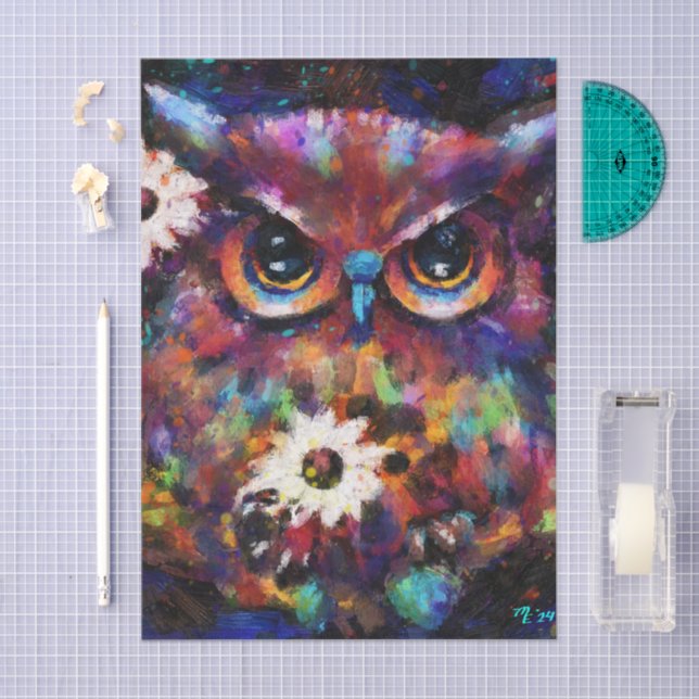 Whimsical Impressionistic Floral Owl Decoupage Tissue Paper (Craft)