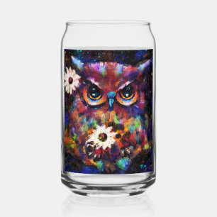 Whimsical Impressionistic Floral Owl Painting Can Glass