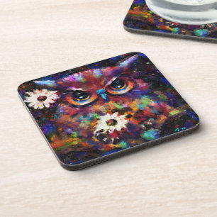 Whimsical Impressionistic Floral Owl Painting Coaster