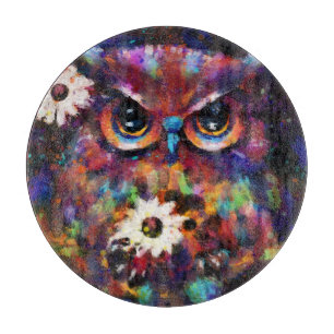 Whimsical Impressionistic Floral Owl Painting Cutting Board