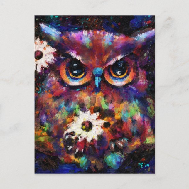 Whimsical Impressionistic Floral Owl Painting Postcard (Front)