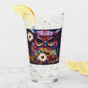 Whimsical Impressionistic Floral Owl Personalised Glass