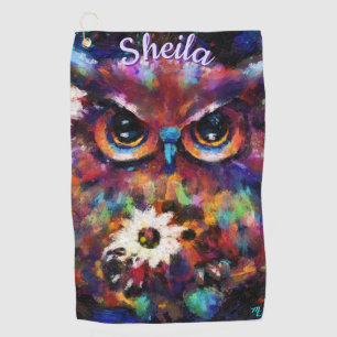 Whimsical Impressionistic Floral Owl Personalised Golf Towel