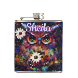 Whimsical Impressionistic Floral Owl Personalised Hip Flask