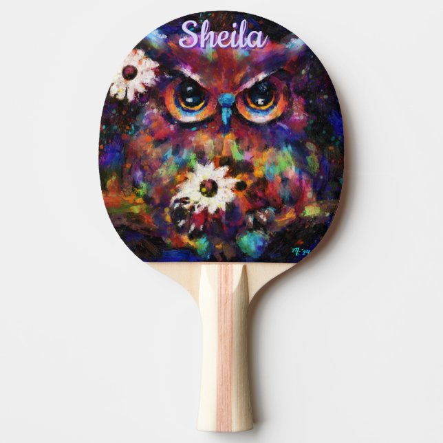 Whimsical Impressionistic Floral Owl Personalised Ping Pong Paddle (Front)