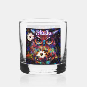 Whimsical Impressionistic Floral Owl Personalised Whiskey Glass