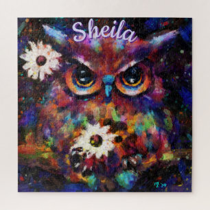 Whimsical Impressionistic Floral Owl Personalized Jigsaw Puzzle