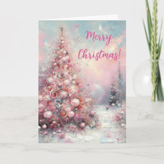 Whimsical Impressionistic Pink Christmas Tree Holiday Card