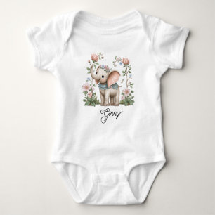 Whimsical Indian Elephant in Wildflowers Baby Bodysuit