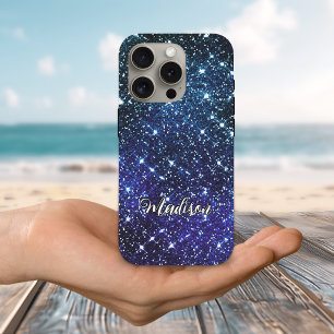 Whimsical iridescent blue Glitter monogram iPhone 16 Pro Case