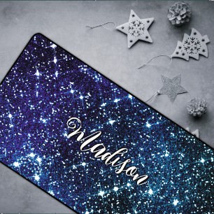 Whimsical iridescent blue Glitter monogram Desk Mat