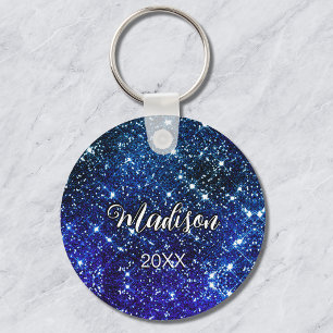 Whimsical iridescent blue Glitter monogram Key Ring